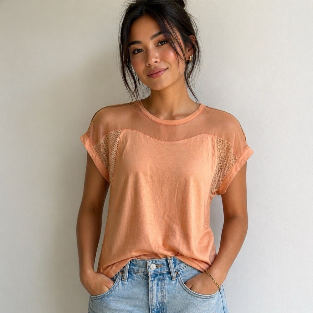 Vintage NAF NAF Peach Mesh Panel Top - Sheer Shoulder Short Sleeve Tee Sz S/M